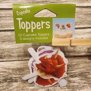 Dinosaur cupcake toppers. Features 3 designs. Set of 12.